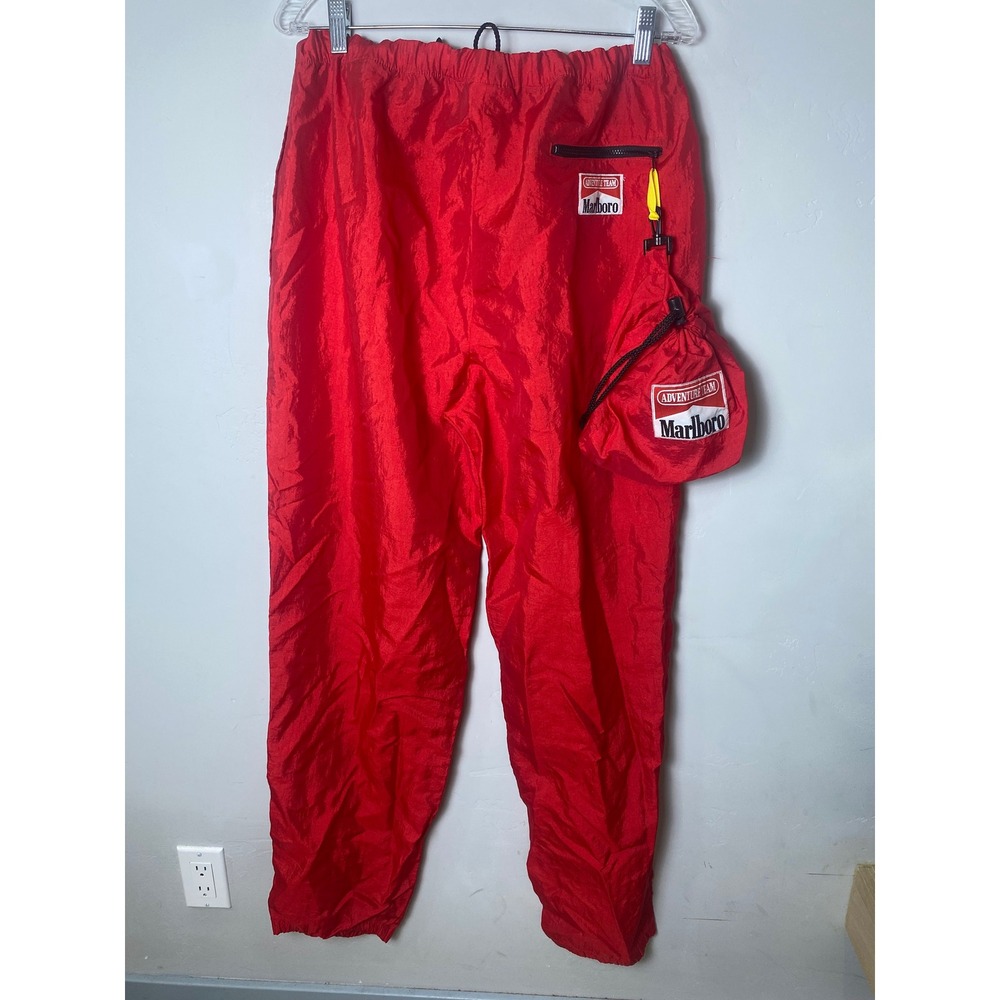 Vintage Marlboro Adventure Team Red Nylon Track Pants Cinch Waist Large Baggy